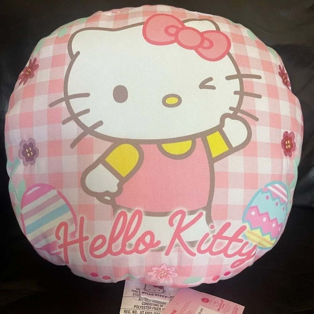 Hello Kitty Pink and White Plaid Cushion Pillow Easter Eggs Embroidered Flowers
